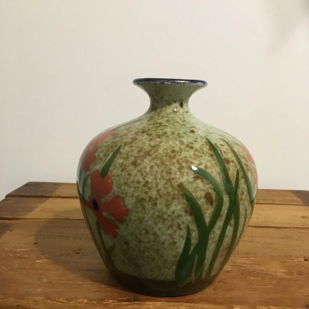 Vintage Pier 1 Imports Poppy Floral Vase Gourd Shaped Glazed Ceramic Speckled